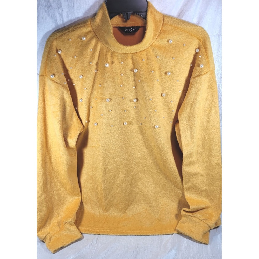 Chicme Women's Plush Velour Mock Neck Pearl Accents Sweater - Mustard Yellow XL